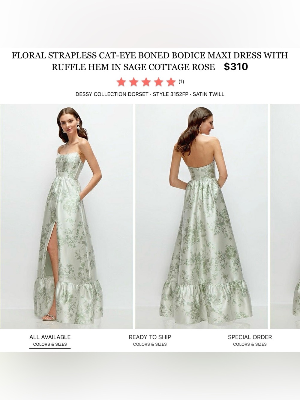 Dessy Collection Sage Strapless Maxi Dress with Ruffle Hem